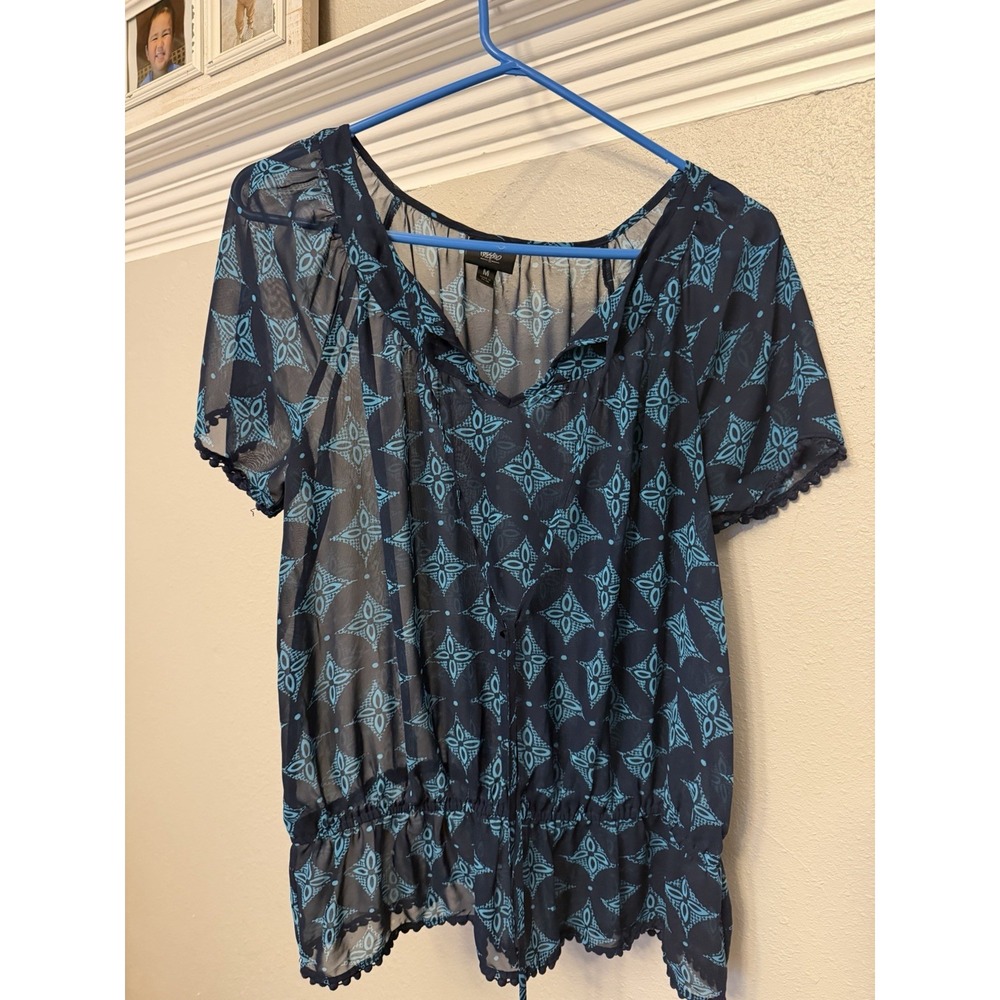 Mossimo Women Geometric Sheer Short Sleeve Blouse Green Blue Size Medium